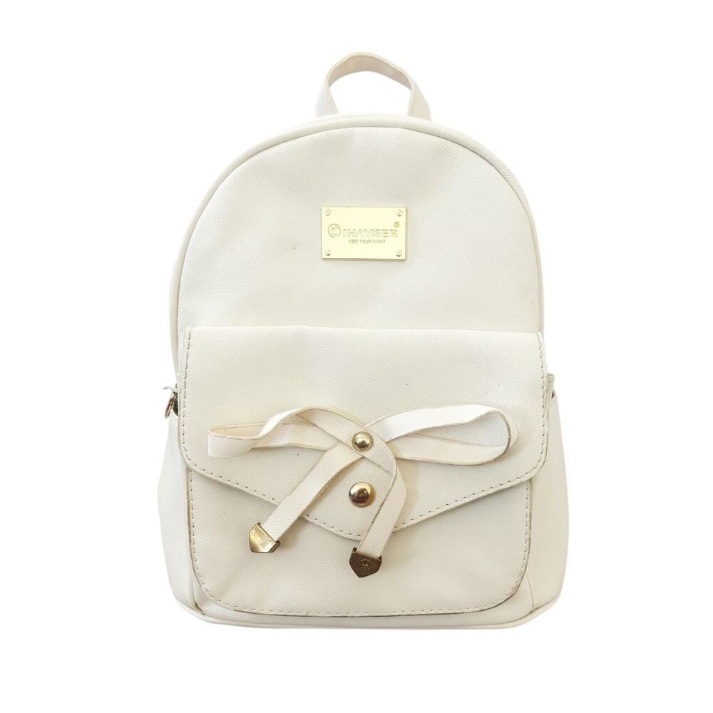 Ivory Bow Detail Womens Backpack Purse Gold Accents